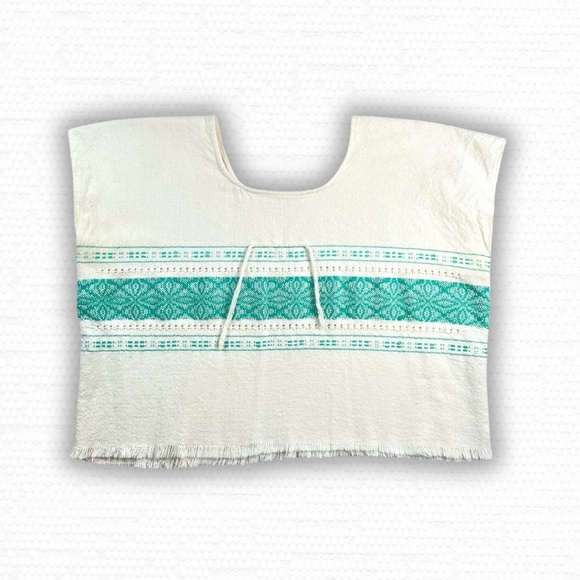 Women's Soft Boxy Crop Top, Vtg Sleeveless Mexican Top, Cream & Teal, Small, EUC - Picture 6 of 8